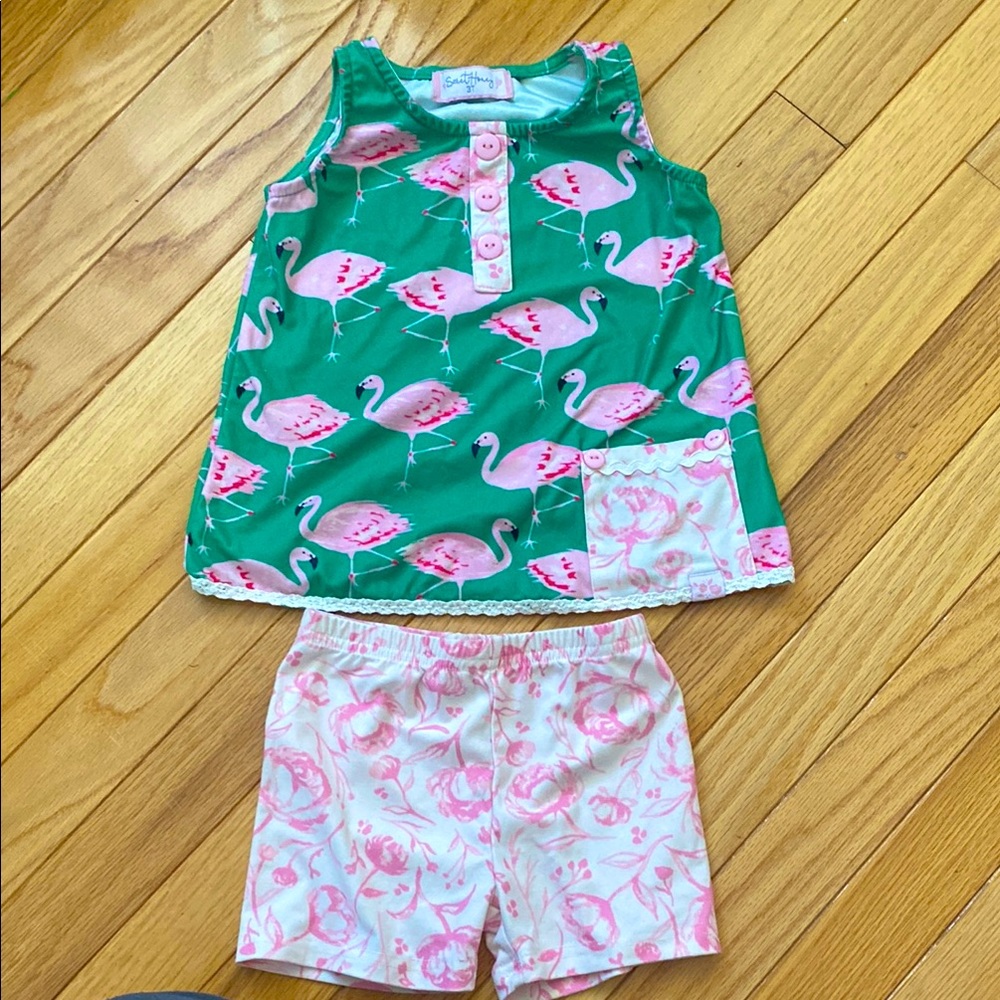 SweetHoney Flamingo Print Pajama Set - Green and Pink